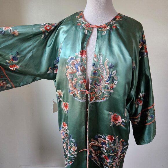 Vintage Chinese Embroidered Silk Robe Green - Picture 1 of 12